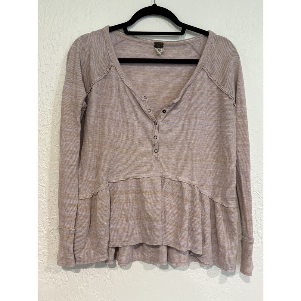 FREE PEOPLE WE THE FREE COASTLINE PINK LONG SLEEVE THERMAL HENLEY PEPLUM TOP S
